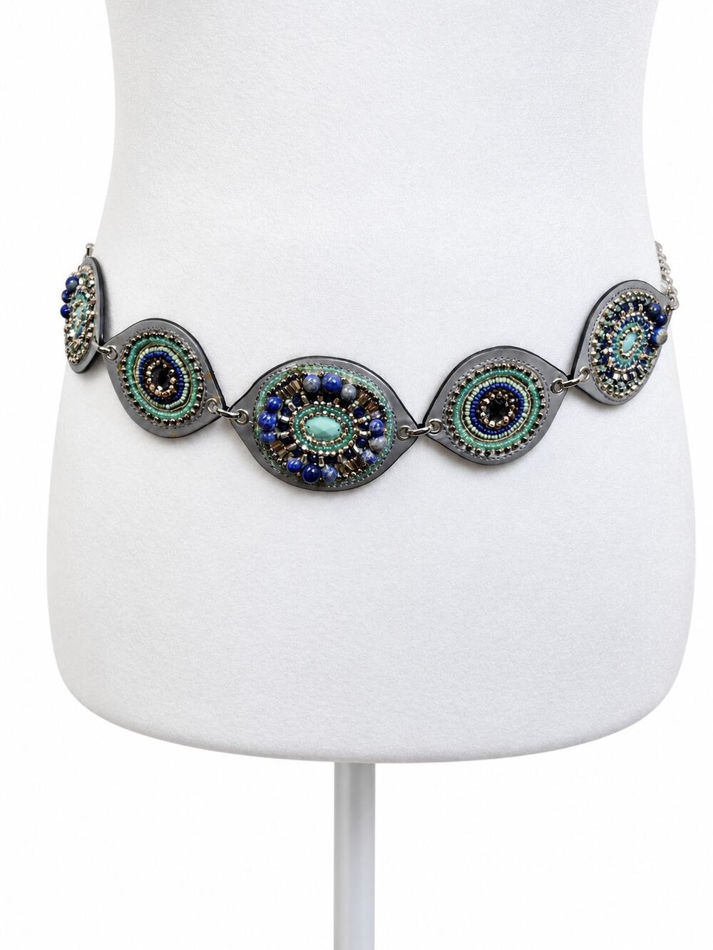Chico’s Beaded Medallion Chain Belt Blue Turquoise Silver Tone Boho Western